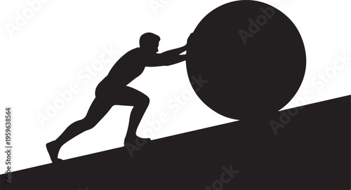 Person Pushing Boulder Uphill Silhouette – Effort, Struggle and Determination Concept Vector Illustration