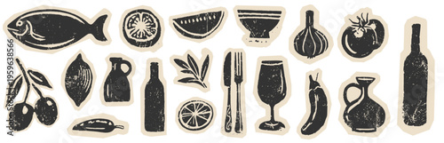 Rustic mediterranean food and drink icon set in vintage grunge hand stamped illustration style