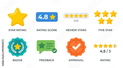 A vector graphic illustration of a star rating system with approval badges and ratings displayed on a digital interface for feedback.
