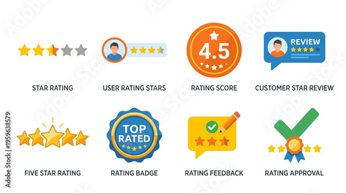 A vector graphic illustration of customer review ratings and feedback icons with star ratings, badges, and approval symbols.