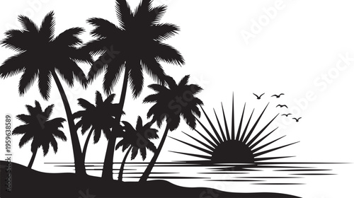 Tropical sunset with palm trees and birds flying away