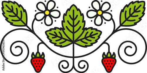 Forest sweet strawberry divider or frame border. Ripe plant divider, garden fruit spacer. Forest strawberry decoration separator