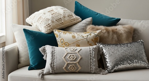 A collection of cushions in different textures and colors (teal, beige, grey, sequins, and fur) arranged stylishly on a neutral-colored couch.