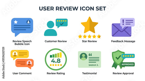Vector icons illustrate customer reviews with speech bubbles, ratings, and testimonials in a digital interface.