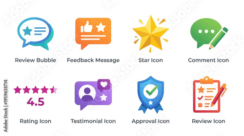 A vector illustration of various review and rating icons, including a star icon, testimonial icon, and approval icon, for feedback messages and review bubbles.