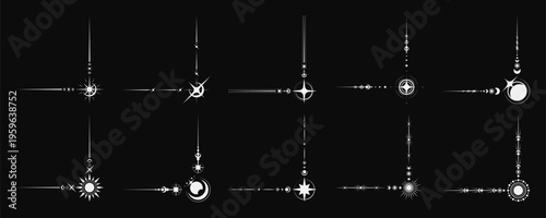 Esoteric mystic celestial border corners. Vector magic Boho frames, elegant space decoration with a unique stellar embellishments. Decorative silver angles with stars, moons, suns and cosmic patterns