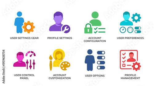 Vector graphics illustrate various user settings options with icons for profile management, account configuration, and customization.