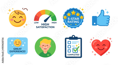 A vector illustration of various emoticons and satisfaction ratings displayed on a digital interface with a clipboard and smiley faces.