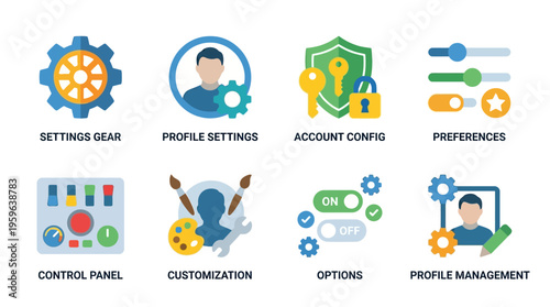 A vector illustration of settings gear icons for profile settings, account config, and preferences on a control panel with customization options for profile management.
