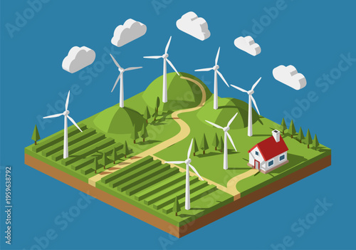 Isometric vector illustration of a rural landscape featuring wind turbines, a house, and agricultural fields, representing renewable energy and sustainable living
