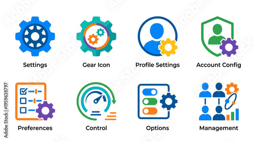 Vector icons of gear settings, profile management, and account configuration for business and technology.