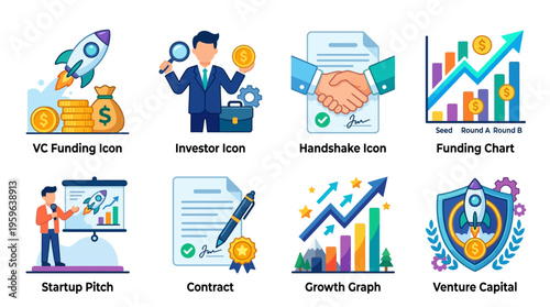 Vector graphics illustrate various business concepts including venture capital funding and startup growth through charts and handshakes in a modern office.