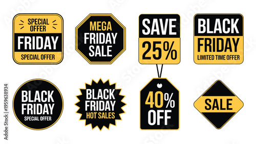 Labels and tags with advertizing info for promotion and big sales,Collection of yellow sale and discount tags and labels for retail promotions.


