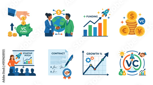 Business professionals analyzing vector financial growth charts and discussing investment opportunities in a modern office setting.