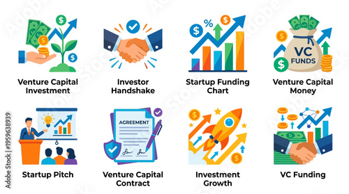 A vector graphic illustration depicts a vibrant business scene with venture capital investment and startup funding elements.
