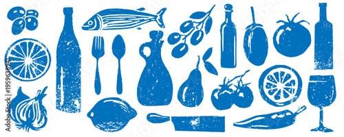 Rustic mediterranean food and drink icon set in vintage grunge hand stamped illustration style