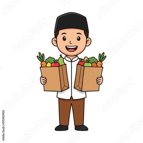 Cheerful cartoon man holding grocery bags in a bright white studio, front-view illustration of happy shopper
