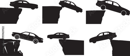 Set of Car Driving Off Cliff Silhouette – Risk, Accident and Danger Concept Vector Illustration