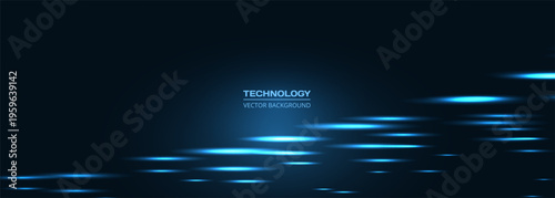 Futuristic blue light streaks on dark, abstract background with glowing horizontal lines and soft bokeh, low perspective suggesting motion and speed, neon reflections on glossy surface, cool blue