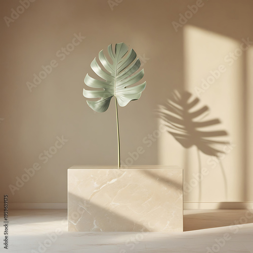 Minimalist Monstera Leaf on Marble Pedestal with Sunlight Shadow