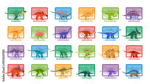 Prehistoric dinosaur species chart infographics. Extinct reptiles types visualization scheme, Jurassic era animals information vector chart. Paleontology dinosaurs size and names infographics graph