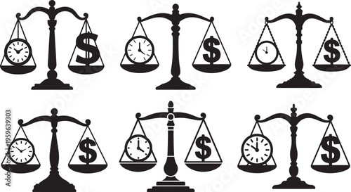 Set of Balance Scale with Clock and Dollar Sign – Time vs Money Concept Silhouette Vector Illustration