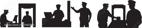 Airport Security Checkpoint Silhouette – Officers Screening Passengers Black and White Vector Illustration