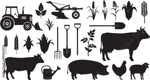 Agricultural Silhouettes of Farm Animals and Tools Vector Icons