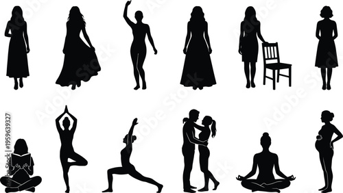 Black silhouette set of women doing yoga stretching meditation exercise and motherhood lifestyle activities with husband isolated on white background