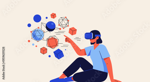 A Futuristic Vector Illustration Depicting a Person Immersed in a Virtual Reality Experience, Interacting with Geometric Shapes