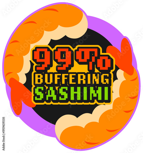 Asian cuisine shrimp sushi vintage Y2K sticker or label. Asian menu delicacy retro patch, Japanese cuisine sushi meal Y2K vector sticker. Japan seafood dish label with shrimp tail and pixel typography