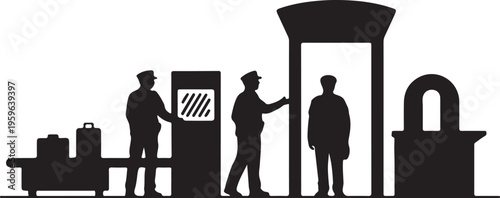 Airport Security Checkpoint Silhouette – Officers Screening Passengers Black and White Vector Illustration