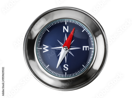 Shiny metallic silver compass with a dark blue dial and red needle pointing north, isolated navigation tool PNG, essential for travel, direction, and adventure