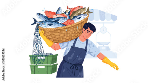 Fresh Catch Harvest: A diligent vendor carries a basket overflowing with fresh seafood from a thriving fishery, demonstrating the bounty of the sea and the dedication of a hardworking vendor.