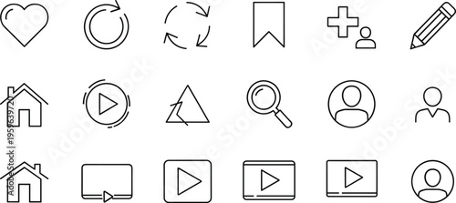 Set of user interface line icons including home, play, search, profile, arrows, bookmark, and media controls in minimal vector style