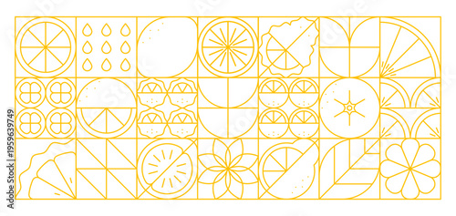 Citrus fruits geometric pattern. Vector abstract background with yellow linear lemons, oranges, drops, leaves and symmetrical segments arranged in grid layout. Minimalistic fresh juice or summer tile