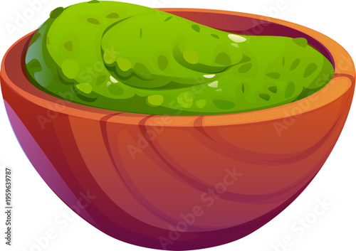 Cartoon pesto sauce in a wooden bowl with green creamy puree of herbs and olive oil. Vector fresh, aromatic, smooth soft mash for cooking, seasoning or garnish with natural culinary and organic flavor