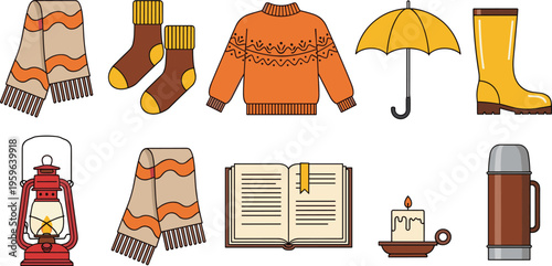 Cozy autumn and rainy season elements including sweater, scarf, socks, umbrella, boots, lantern, book, candle, and warm drink in flat vector style