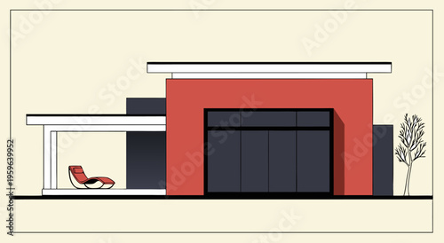 Modern Architectural House Vector Illustration Showing a Sleek Red and Gray Exterior Design