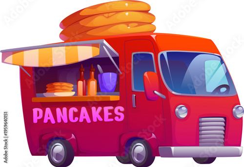 Cartoon pancakes food truck car, festival retro foodtruck. Festival cartoon food truck car, vintage street foodtruck isolated vector van kiosk. Fair retro cafe bus or pancakes isolated mobile booth