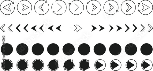 Set of navigation arrows and media control icons including play, next, forward, circular progress, and direction symbols in vector style