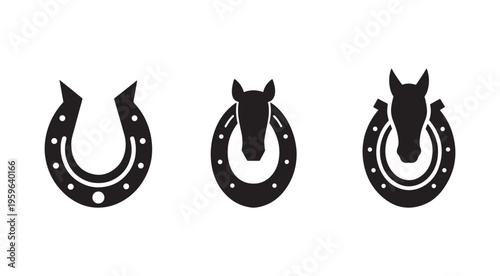 Black silhouettes of horseshoe and horse head icons  horse shoe symbol with equine head  animal and equestrian signs isolated on white background