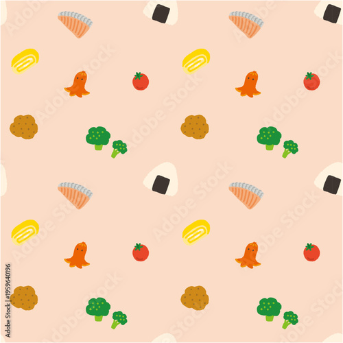 お弁当 おかず 手描き シームレスパターン ベクター かわいい スウォッチあり