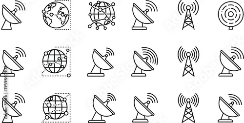 Satellite communication icons, global networking, signal transmission, radar technology, 