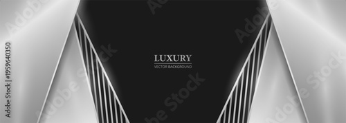 Monochrome luxury geometric abstract background featuring converging silver panels and sharp triangular void, reflective metallic surfaces and subtle gradient lighting, glossy textures and soft