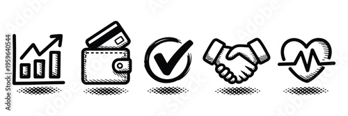 Business and Financial Icon Set Featuring Growth Chart, Wallet, Checkmark, Handshake Agreement, and Healthcare Symbols, Modern Flat Vector Illustration for Finance, Banking, Investment