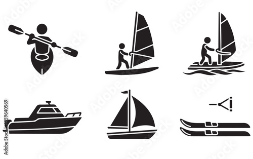 Water Sports and Nautical Recreation Silhouette Icon Set