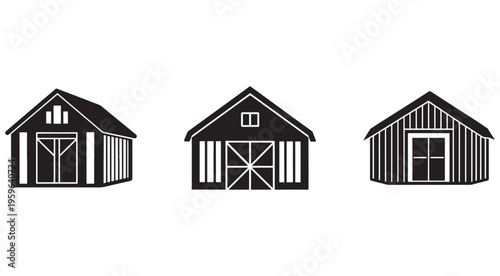 Blackandwhite barn icons set with different types of doors and windows  rural buildings