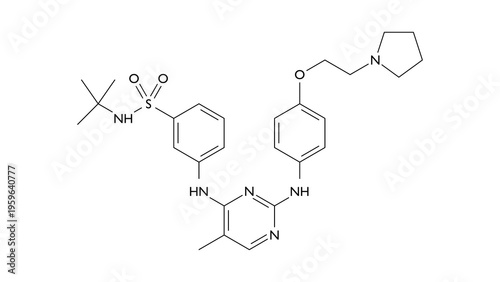 fedratinib molecule, structural chemical formula, ball-and-stick model, isolated image antineoplastic agent