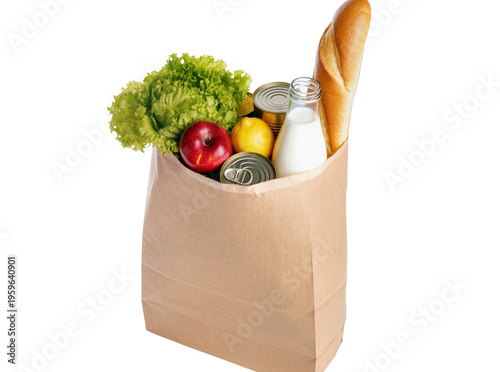 Full brown paper grocery bag with fresh produce, milk, and canned goods, isolated on transparent background, ready for shopping concepts PNG